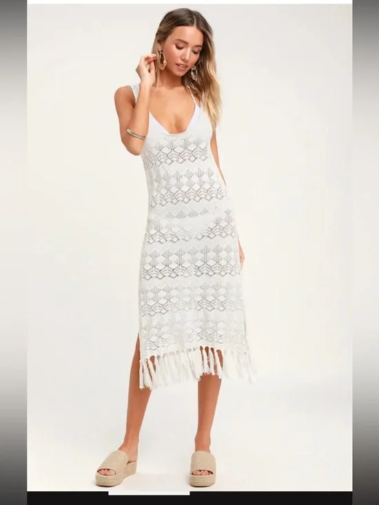 New Lulus Marina Pointe Cream Crochet Tasseled Swim Cover-up Beige - Size S - Picture 7 of 8